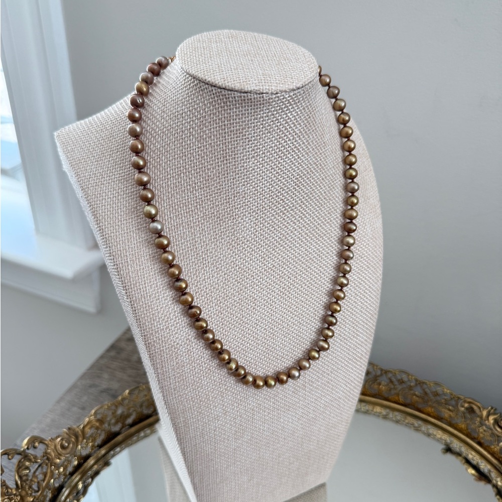 Vintage 8mm Metallic Gold & Brown 16" Freshwater Pearl Strand Necklace 925 Clasp